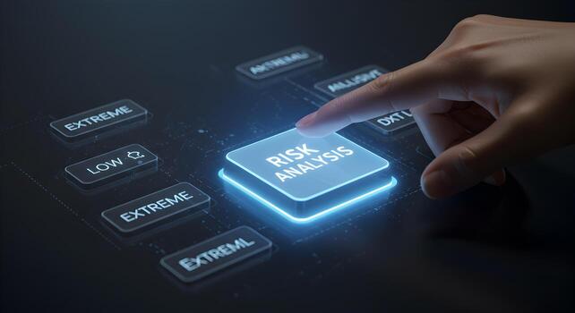 Hand pressing a glowing button labeled Risk Analysis on a futuristic digital interface signifying strategic decisionmaking and risk assessment in business and technology photo