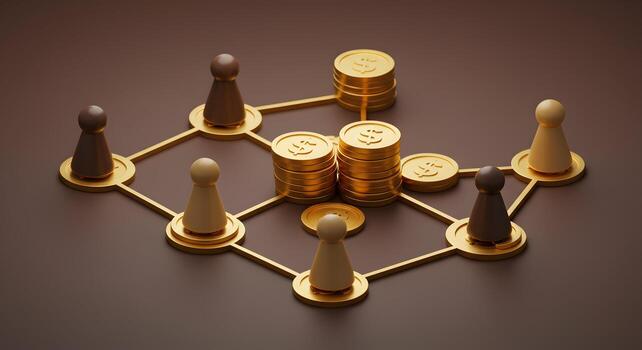 resumen 3d representación de oro juego peones conectado por un red simbolizando financiero asociaciones y riqueza distribución ilustrando conceptos de colaboración inversión y económico crecimiento en un mes foto