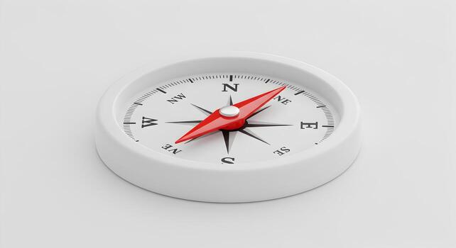 Red compass needle pointing Northeast on white background symbolizing direction guidance and exploration This image evokes a sense of adventure and the journey of discovery photo