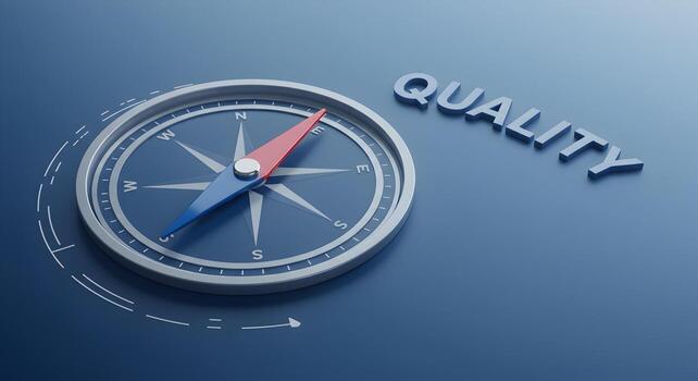 Compass pointing towards the word QUALITY on a blue background symbolizing the pursuit of excellence and the importance of setting a strategic direction for achieving high standards photo