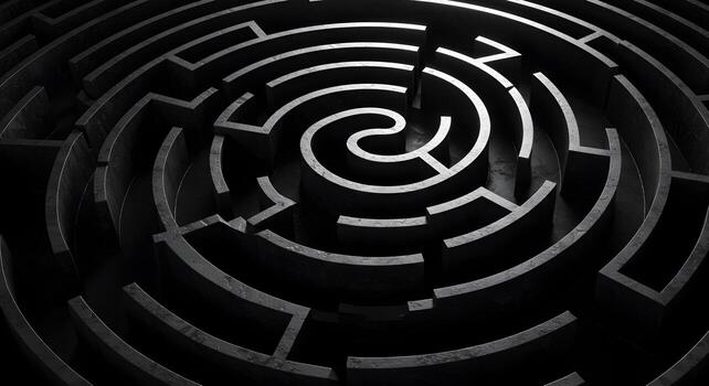 Abstract dark stone maze path complex challenge concept A spiral labyrinth represents difficulty confusion and the search for a solution 3D render of a dark grey stone maze ideal for illustrating prob photo