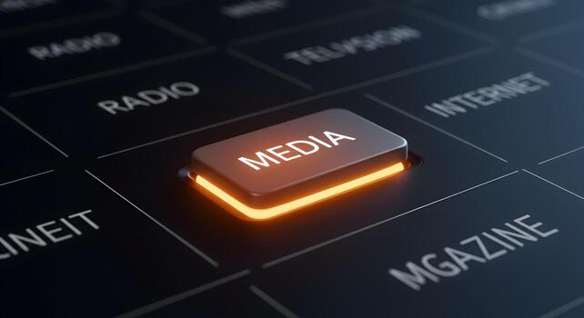 Illuminated Media Button on a Futuristic Control Panel Concept of Digital Communication and Global Media photo