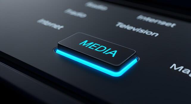 Illuminated Media Button on a Futuristic Control Panel Digital Technology and Global Communication Concept photo