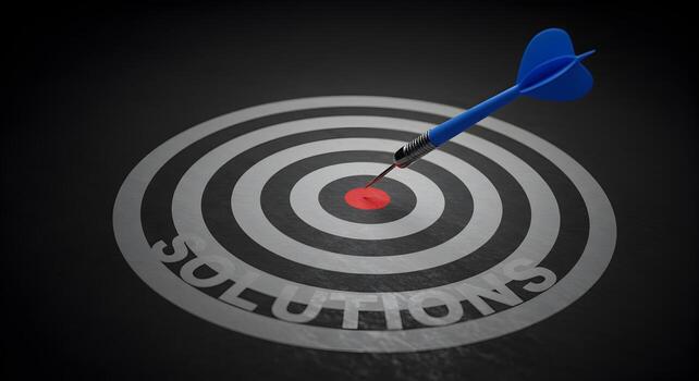 Blue Dart Striking the Center of a Solutions Target Symbolizing Achievement and Success in Business Strategy The image is ideal for illustrating concepts of goal achievement strategic planning problem photo