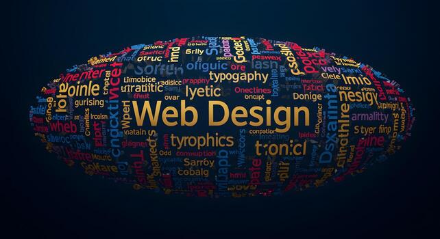 3D Web Design Word Cloud Sphere Representing Digital Creativity and Innovation in a Futuristic Setting photo