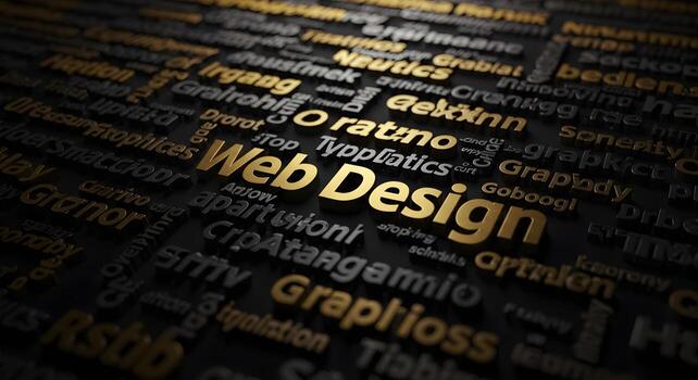 3D Render of Golden Web Design Text Among Other Keywords on a Dark Background Illustrating the Concept of Digital Creativity and Modern Web Development photo