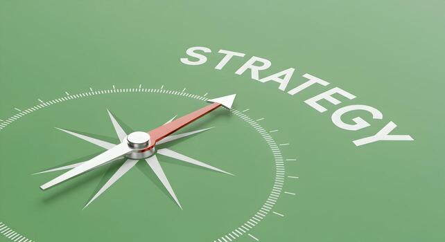 Compass Needle Pointing Towards Strategy on Green Background A Conceptual Image Representing Strategic Planning Direction and Success in Business and Life photo