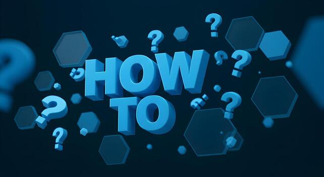 3D rendered How To text surrounded by question marks and hexagons on a dark blue background representing questions solutions guidance and problemsolving Ideal for tutorials FAQs help guides and online photo