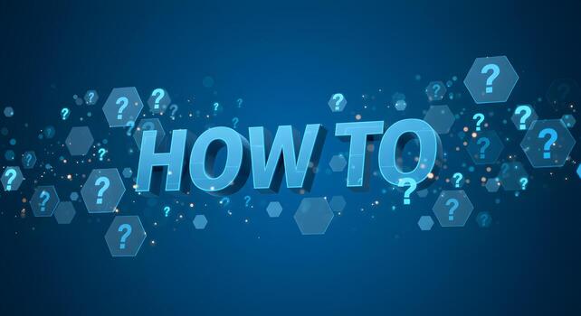3D rendering of HOW TO text surrounded by question marks signifying questions answers solutions tutorials and guidance in a digital environment Ideal for howto guides FAQs tutorials and problemsolving photo