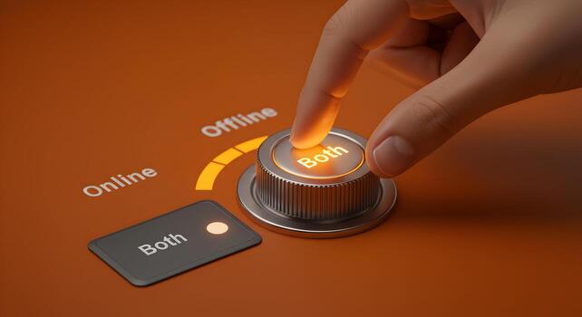 Hand Activating Both Online and Offline Modes on a Rotary Switch Control Symbolizing Integrated Business Strategy and Omnichannel Approach photo