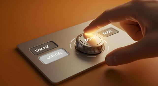 Hand activating a metallic switch selecting both online and offline options symbolizing a blend of digital and physical strategies for business or marketing in a warm and inviting setting This image c photo