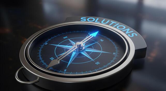 Compass pointing towards Solutions on dark background symbolizing guidance direction and strategic planning for business success The image evokes a sense of hope progress and problemsolving Ideal for photo