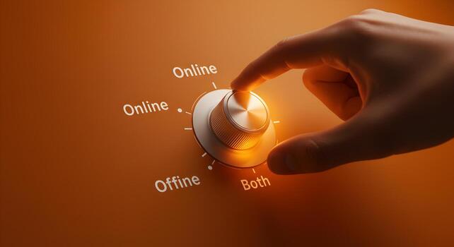Hand Adjusting a Dial Between Online and Offline Modes Symbolizing the Balance Between Digital and Physical Worlds The Warm Orange Background Creates a Feeling of Optimism and Progress This image is p photo