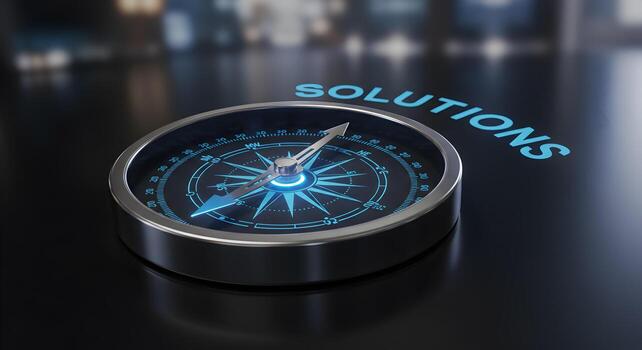 Compass pointing towards Solutions on a dark reflective surface symbolizing guidance direction and strategic planning for success The image evokes a sense of determination and the pursuit of effective photo