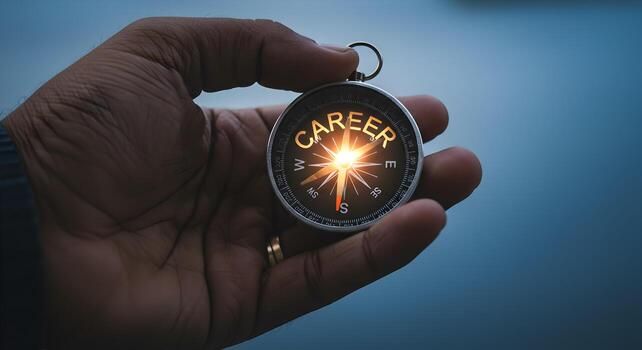 Hand holding compass with glowing CAREER word symbolizing career path direction guidance and future planning The image evokes feelings of ambition motivation and the journey towards professional succe photo
