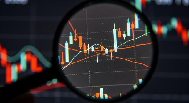 Magnifying Glass Analyzing Stock Market Charts and Graphs Closeup View of Candlestick Charts Financial Data Analysis Concept Investment and Trading Strategy photo