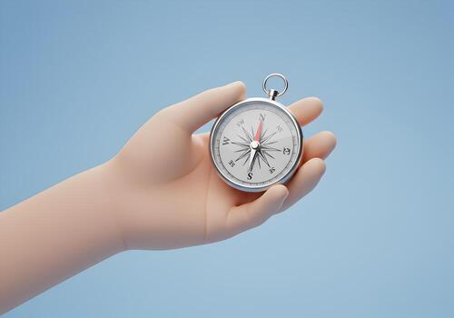 A 3D cartoon hand holds a compass against a light blue background symbolizing guidance direction and the journey of life This image is perfect for illustrating concepts related to navigation explorati photo