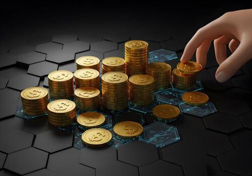 Hand adding golden dollar coins to stacks on a futuristic hexagonal surface symbolizing financial growth and technological advancement in the digital economy photo