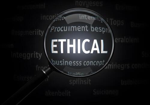 Magnifying Glass Focusing on the Word Ethical in a Dark Setting Representing Business Concepts and Principles of Integrity Honesty and Morality photo