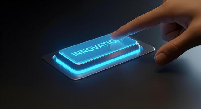 Finger about to press a glowing blue button with the word Innovation on a dark background representing the concept of technological advancement and future innovation photo