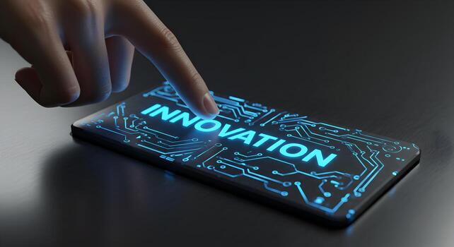 Fingertip activating innovation on a futuristic touchscreen device symbolizing technological advancement and progress in a digital world photo