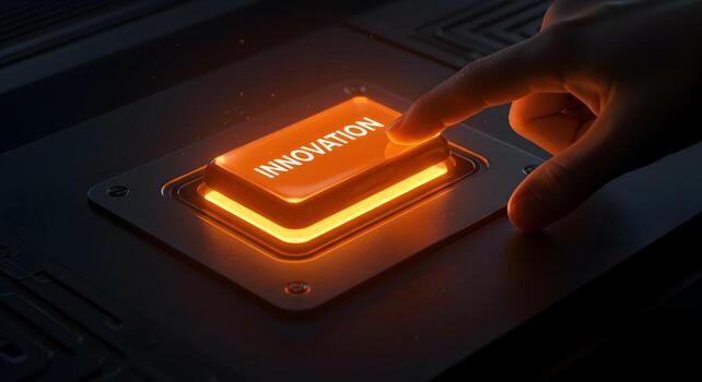 Finger about to press illuminated button with the word Innovation on a futuristic control panel symbolizing technological advancement and progress in a dark setting photo