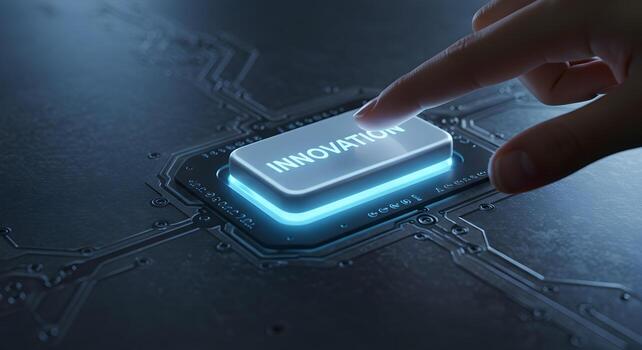 Finger about to press illuminated button with the word Innovation on a futuristic technological circuit board symbolizing progress and advancement in the digital age photo