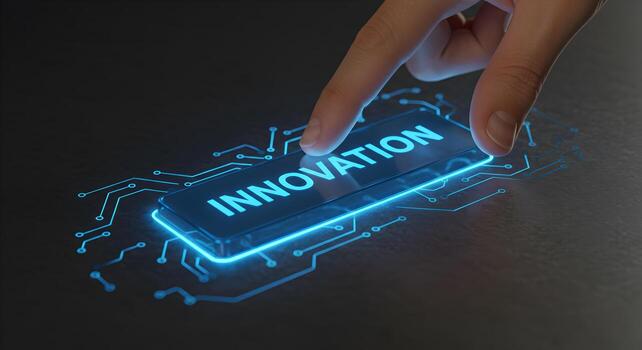 Finger about to press a glowing blue button with the word Innovation on a futuristic digital circuit board representing technological advancement and progress in a modern setting photo