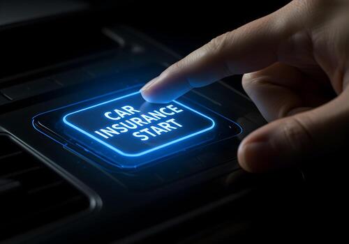 Fingertip about to press a glowing button with the words Car Insurance Start on a futuristic car dashboard symbolizing the activation of coverage and a sense of security and peace of mind for drivers photo