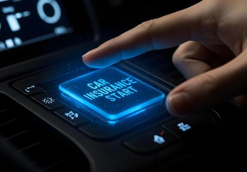 Finger about to press a glowing blue button in a car that says Car Insurance Start signifying the activation of a policy or coverage The futuristic interface suggests a seamless and modern approach to photo