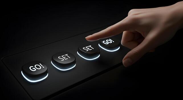 Hand about to press a glowing GO button on a dark control panel symbolizing the start of a project a new beginning or taking action to achieve a goal The image evokes feelings of anticipation and exci photo