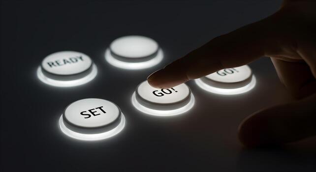 Finger about to press GO button Ready Set Go concept illuminated control panel in dark environment starting beginning launch activation futuristic technology innovation progress challenge opportunity photo