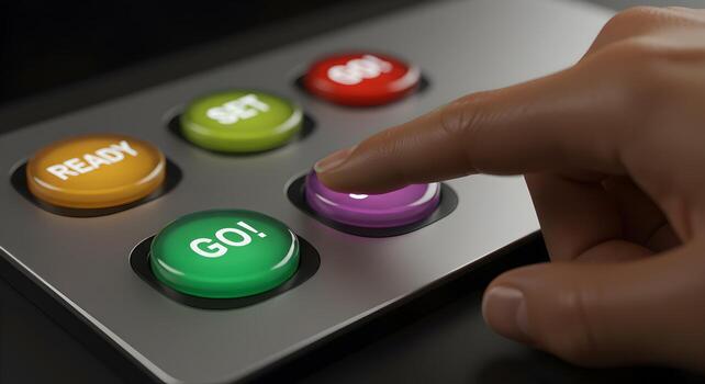 Finger about to press a purple button on a control panel with other buttons labeled Ready Set and Go signifying the beginning of a process project or race The metallic panel suggests technology contro photo