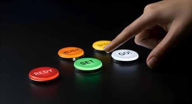 Closeup of a finger about to press a glowing green SET button among other illuminated buttons labeled READY and GO symbolizing the concept of starting initiation and preparation for a project or task photo
