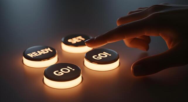 Hand about to press illuminated GO button Ready Set Go concept starting beginning launching activation future innovation technology progress success challenge opportunity dark background illuminated b photo