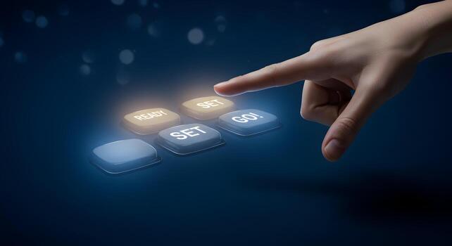 Finger about to press a glowing SET button among other buttons that say READY and GO on a darkblue digital interface symbolizing the concept of starting beginning and launching a project or process photo