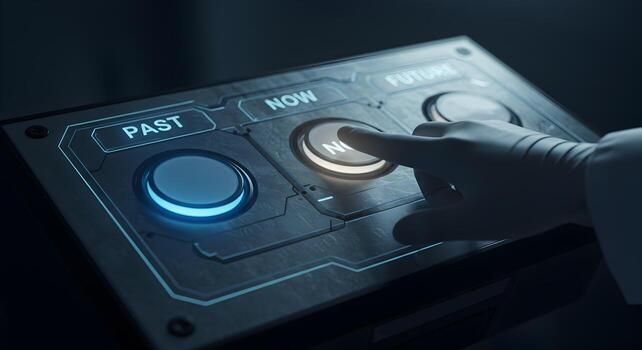 Gloveclad hand pressing the NOW button on a futuristic control panel with options for PAST and FUTURE symbolizing time management and seizing the present moment photo