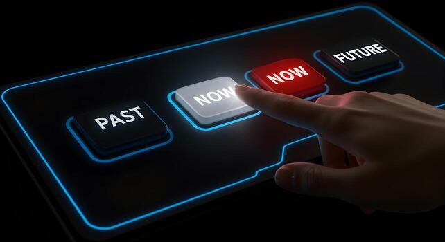 Hand pressing a glowing button labeled NOW on a futuristic control panel with PAST and FUTURE options symbolizing the importance of present action and seizing the moment photo