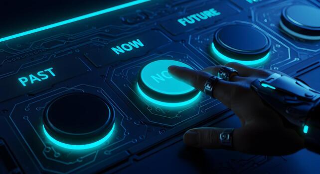 Robotic hand pressing the NOW button on a futuristic control panel symbolizing the choice between past present and future a concept of time and technology photo