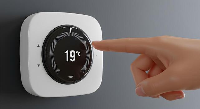 Hand adjusting a smart thermostat set at 19 degrees Celsius on a wall representing home automation and energy efficiency The image evokes a sense of modern technology and comfort photo
