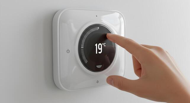 Hand adjusting smart thermostat on wall setting temperature to 19 degrees celsius modern home automation energy efficiency concept photo