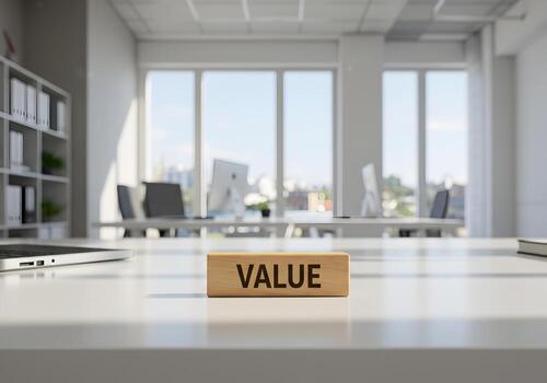 Wooden block with the word VALUE on a modern office desk signifying business success and growth in a contemporary workspace setting The image conveys concepts of importance worth and high value in a p photo