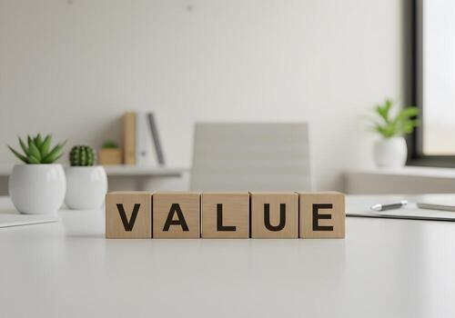 Wooden blocks spelling VALUE on a modern office desk symbolizing business growth and success The word VALUE is displayed prominently against a blurred background of office workspace elements conveying photo
