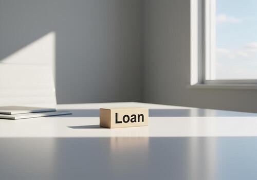 Loan Application Concept Cardboard Box with Loan on a Desk in a Modern Office Setting Illuminated by Sunlight Streaming Through a Window photo