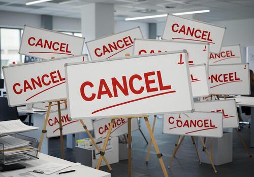 Multiple CANCEL signs displayed on easels in a modern office setting signifying a business cancellation or a crisis situation photo