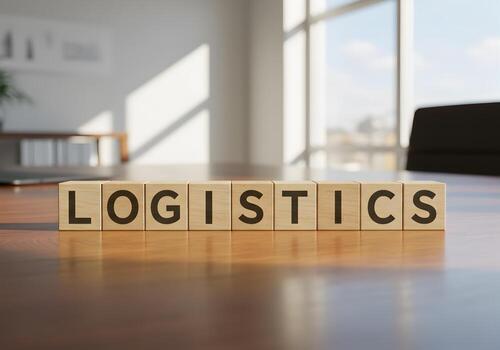 Logistics concept represented by wooden blocks spelling out the word on a modern office desk near a large window symbolizing efficiency and planning photo
