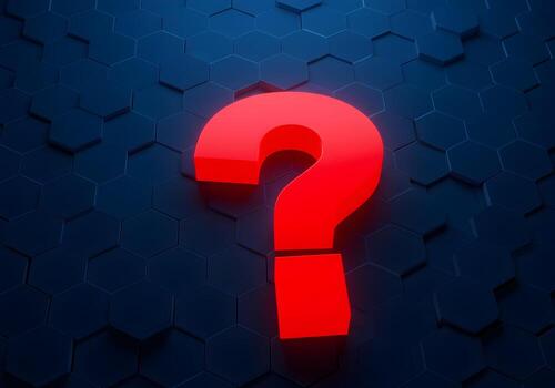 Red question mark symbol on a dark blue hexagonal technological background uncertainty doubt questioning concept image photo