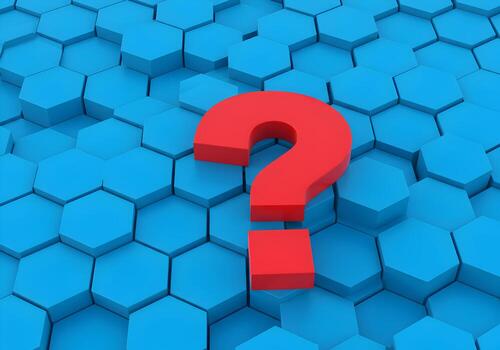 Red question mark symbol on a blue hexagon pattern background representing doubt uncertainty and the search for answers photo