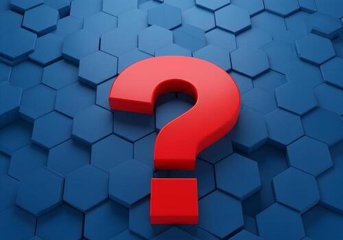 Red question mark symbol on a blue hexagonal background representing uncertainty doubt questions and the search for answers in a technological or abstract context This 3D illustration is ideal for con photo