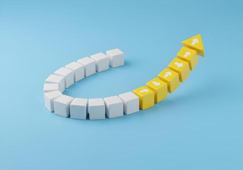 Abstract 3D rendering of yellow cubes forming an upward arrow symbolizing growth progress and success against a light blue background The concept depicts a journey of positive change innovation and ac photo